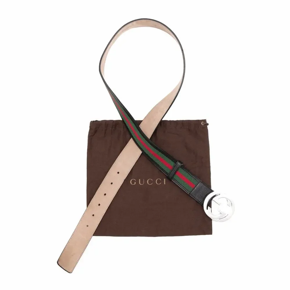 550$ Gucci 114984 Web Green Red Leather Interlocking G Buckle Belt 105/42